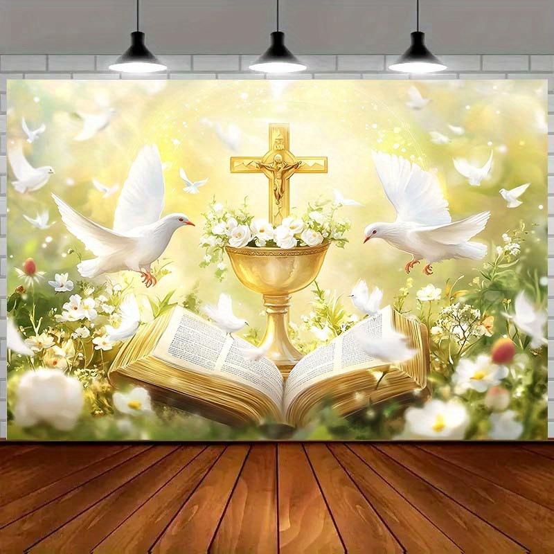 Religious Bible Tapestry Cross DovesHoly Spirit Light Floral Background Church AltarDecoration Christian Faith Wall HangingCloth