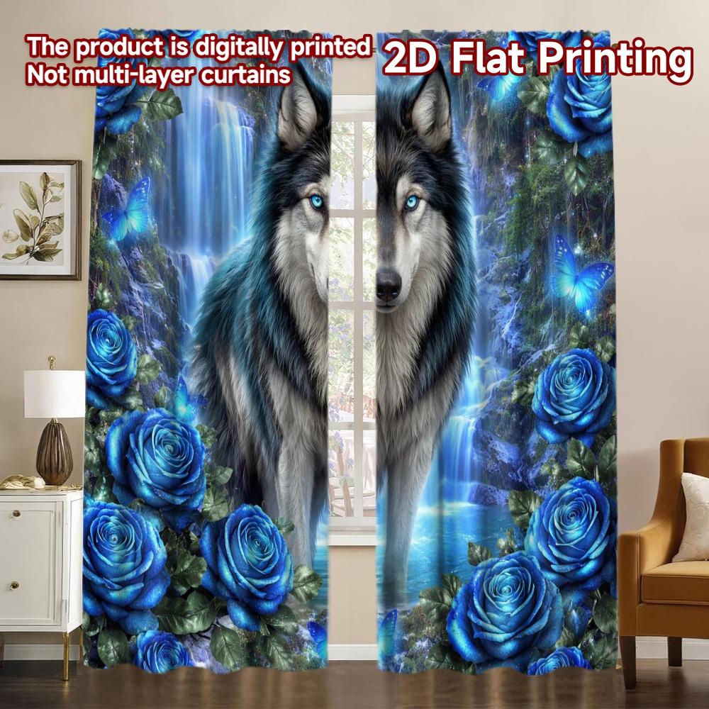2D FLAT PRINTING 2pcs Curtains (Without Rod) Mystical Wolf and Blue Roses Modern Contemporary Curtains Prints Light Filtering