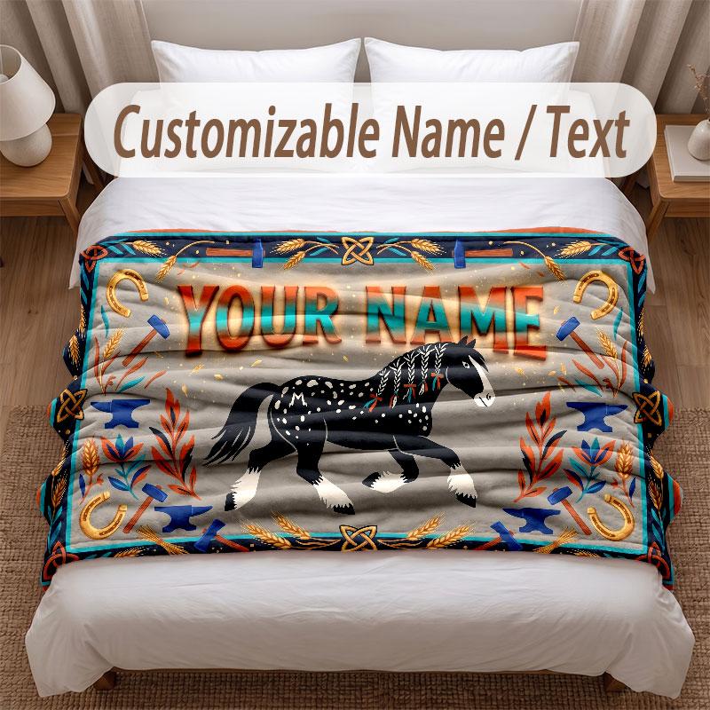 Horse Theme Soft Blanket Personalized Custom Name Text Print Warm Blanket Home Sofa Bedroom Decor