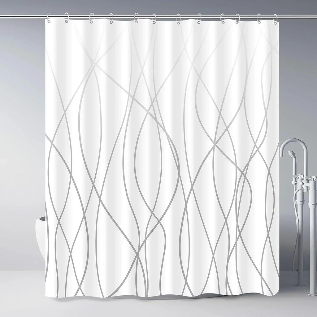 Modern Black and White Striped Corrugated Fabric Bathroom Shower Curtain,  Gradient Stripe, Bathroom Decorative Shower Curtain