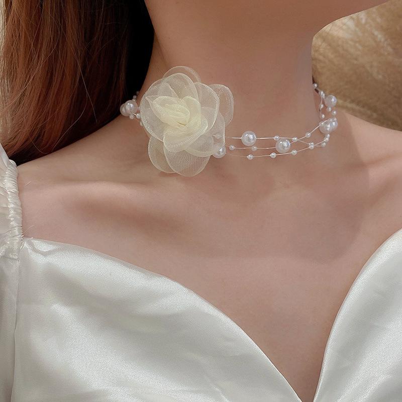 Koreaanse Retro Parel Strass Kwast Choker met Bloem Strik Design