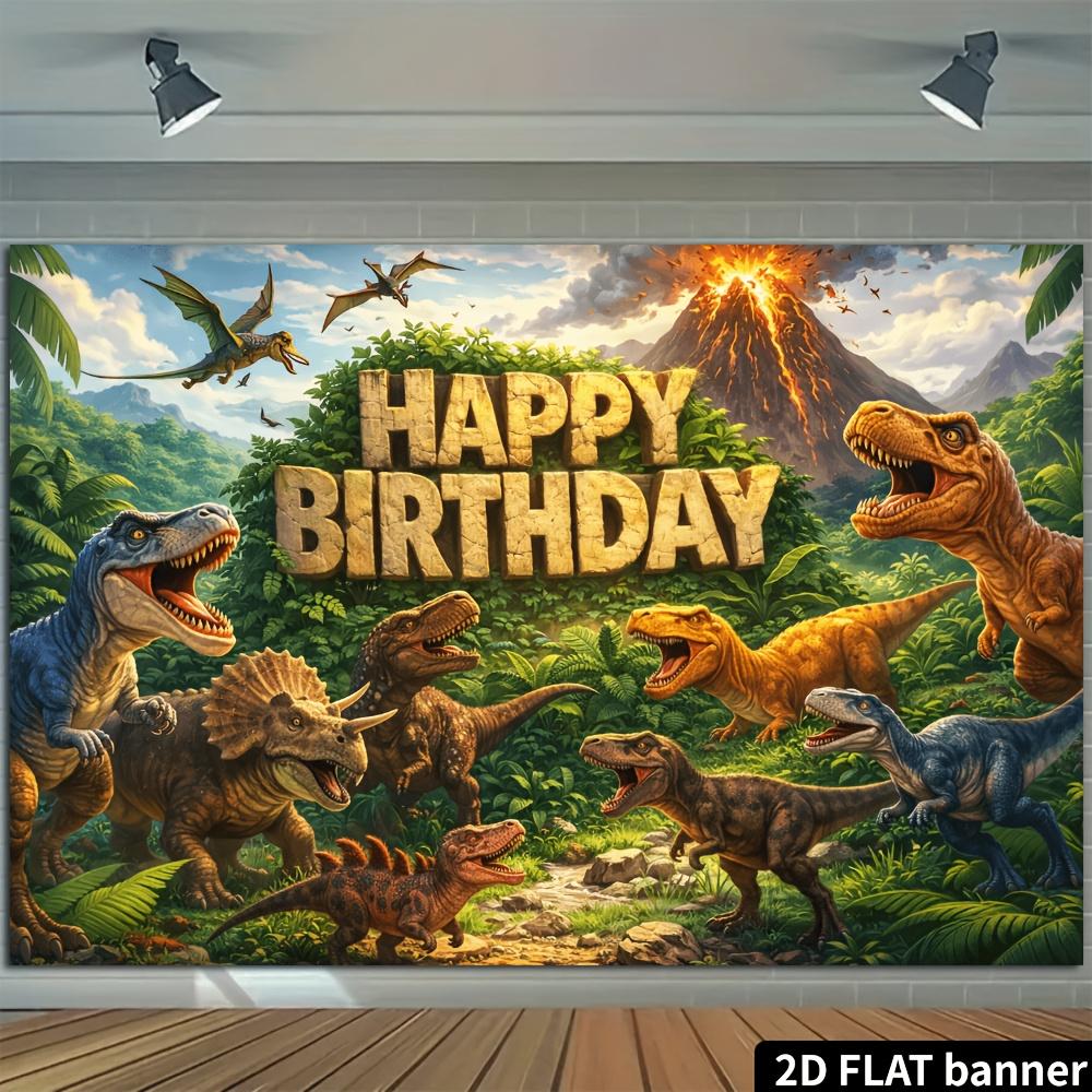 2D Dinosaur Themed Birthday Party Banner Background Jurassic Jungle Volcano Scene