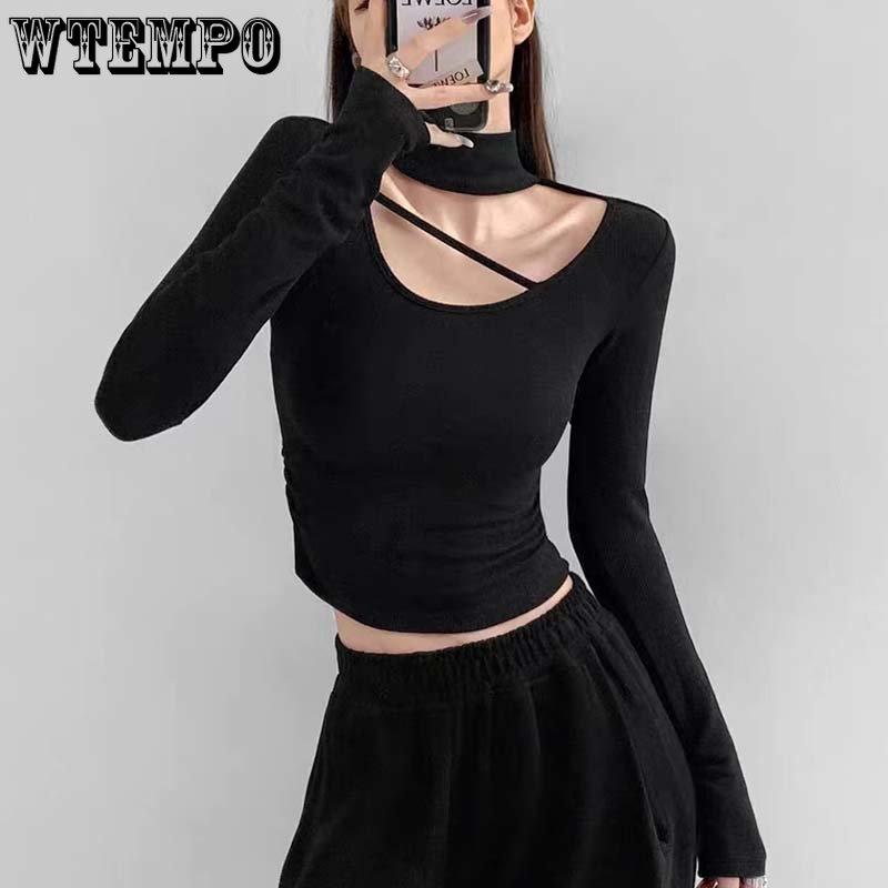 Schlanker dünner Stehkragen-Pullover mit ausgehöhlter Vorderseite Sexy einfarbige Damen Langarmshirt Eng anliegendes Hemd Lässig Frühling Sommer