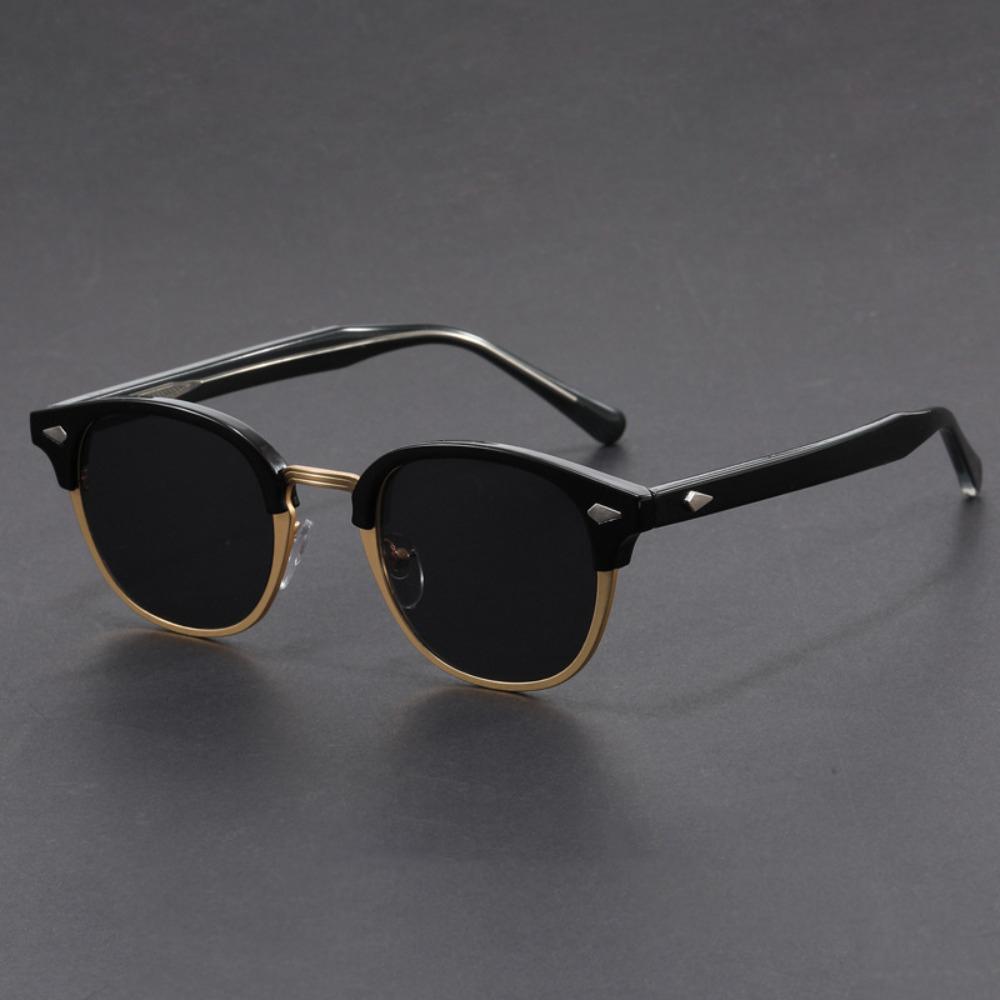 Lunettes de soleil classiques à monture demi-cerclée pour hommes femmes Rétro Rivet Petites lunettes Noir Anti-reflets Lunettes de voyage