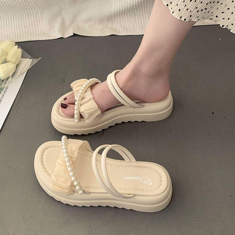 

Two wear cool slippers, summer wear ins trendy new fashion pearl fairy style with skirt platform sandals 40 бежевый
