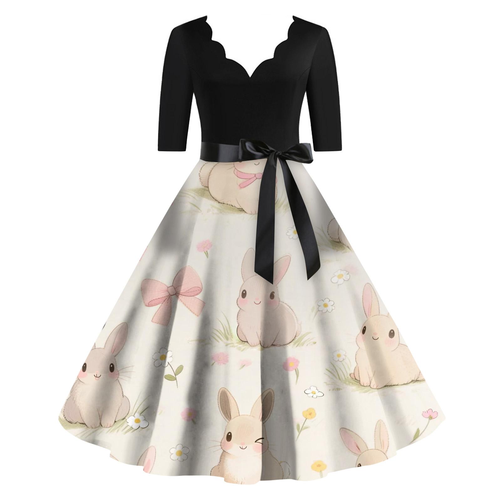 

Женское повседневное модное ретро-платье с V-образным вырезом и пасхальным принтом L бежевый