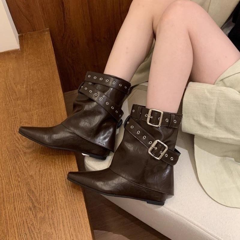 Fashion Inner Heightened Low Heel Single Boots Autumn New Pointed Toe Rivet Metal Buckle Anti-slip Wear-resistant Mid-tube Boots