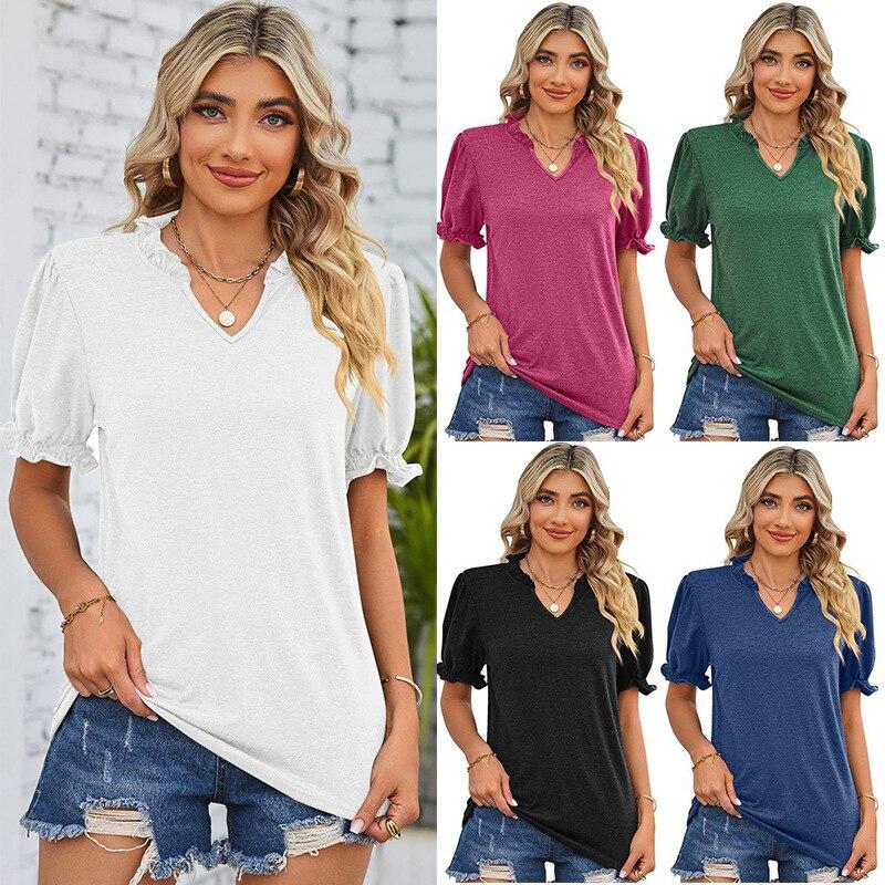 Summer Fashion V-Neck Tops Sweet Casual Shirt 2023 Puff Short Sleeve Blouse Female Loose Elegant Shirt Women Mujer 26031