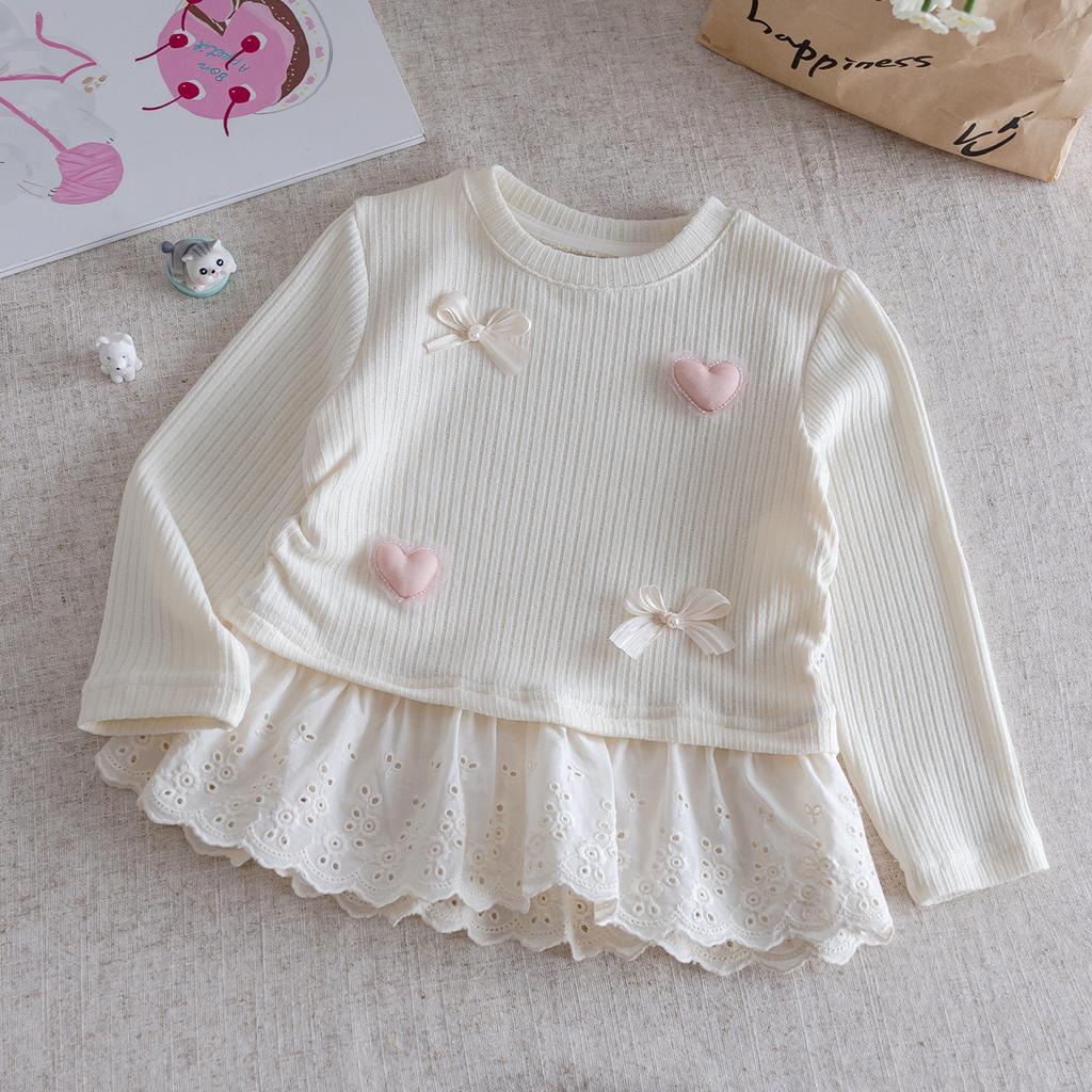 Girls Long Sleeve T Shirt Spring Autumn Sweet Lace Trim Bowknot Top Kids Casual Inner Wear Base Layer Blouse