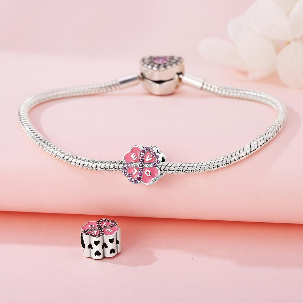 Beads Copper Charms Original Pink Clover Lucky Beads Fit Bracelet Jewelry Diy Women Fine Gift Accessory
