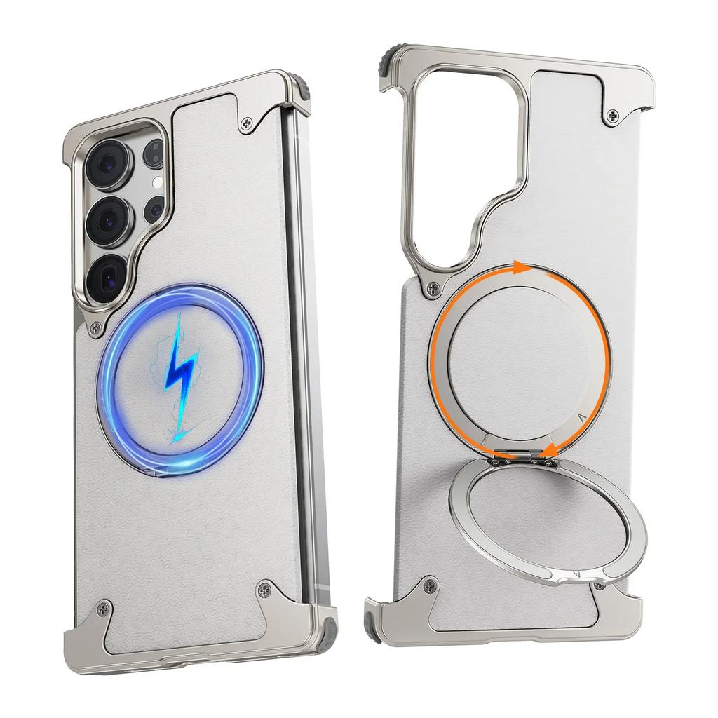 Eary Leather Phone Case for Samsung Galaxy S25 Ultra Magnetic with 360° Rotate Stand Metal Frameless Shockproof Protector Cover
