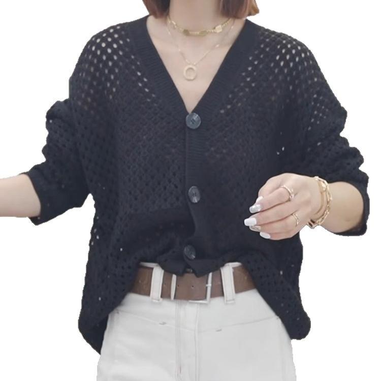 Spring/Summer Single Breasted Sunscreen Loose Air Conditioning Sweater V-neck Hollow Knitted Cardigan for Women