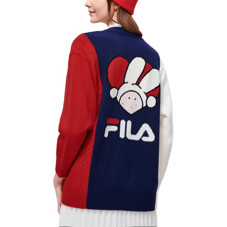 Fila CNY Bunny Collaboration Series Pattern Print V-Neck Knit Sweater Women Sweater Smoky-Blue F11W319407F-DB