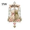 Wood And Metal Wall Decor Floral Cat Couple Welcome Sign, Wooden Hanging Ornament, Pastoral Garden Balcony Ornaments Art Plaque for Living Room