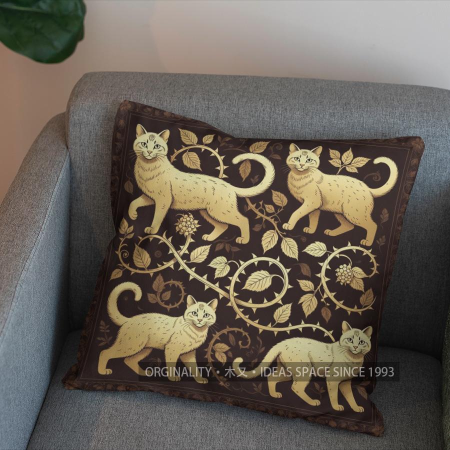 2D Golden Cat & Leaves Patterned Pillow Cover Pattern Cushion Cover Suitable For Sofa Bedroom Car Pillow Cover