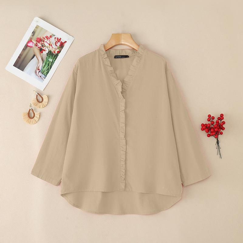 ZANZEA Women Casual V-Neck Solid Color Loose Long Sleeve Cotton Blouse