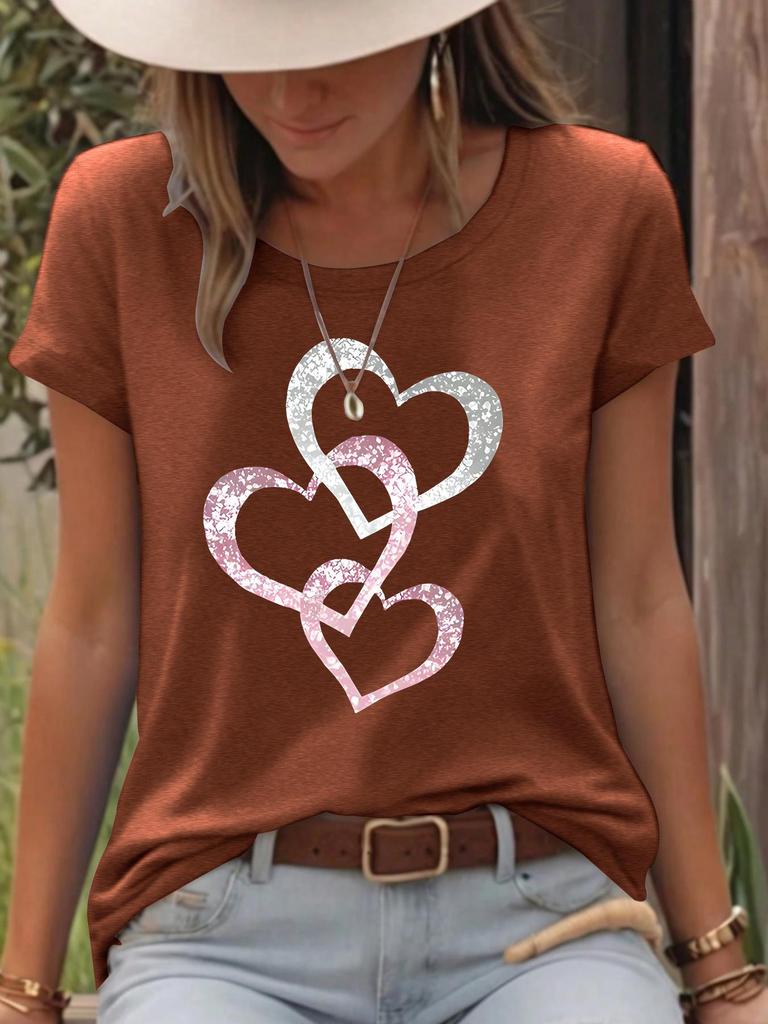 Heart Print Round Neck Short Sleeve Summer T-shirt - European & American Style