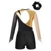 Girls Dance Long Sleeve Round Neck Leotard Patchwork Cutout Back with Shorts Hair Tie Headwear Set