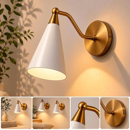 Mid Century Modern Brass Wall Sconces  White Cone Shade Bedside Lights