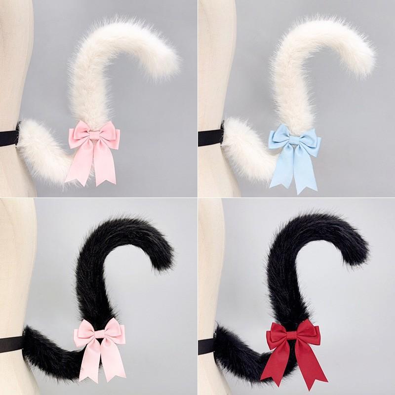 Süßes Katzenohren-Stirnband mit Schwanz-Set Cosplay Anime Convention Lolita Kostümzubehör Plüsch Weiß Rosa Blau Rot Schwarz