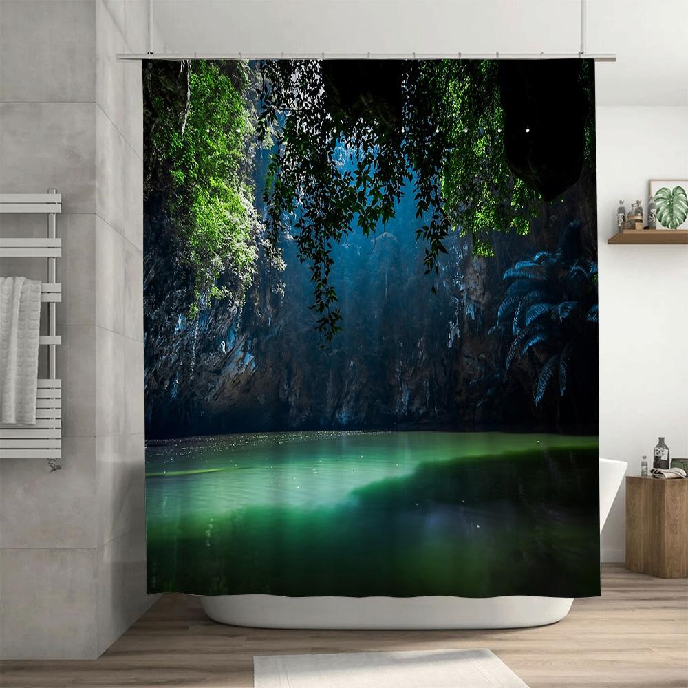Forest Shower Curtain Waterfall Nature Landscape Backdrop Bathroom Decor Vintage Greenery Fern Botanical Artistic Home Decor