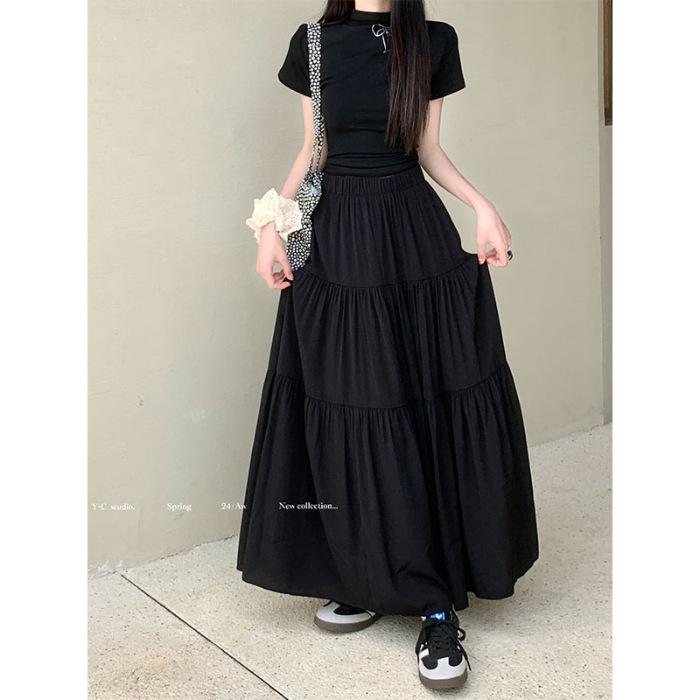 2026 New Style Women's Pink French Cake Skirt with Elastic Waistband - Spring/Summer Loose Slimming Half Skirt
