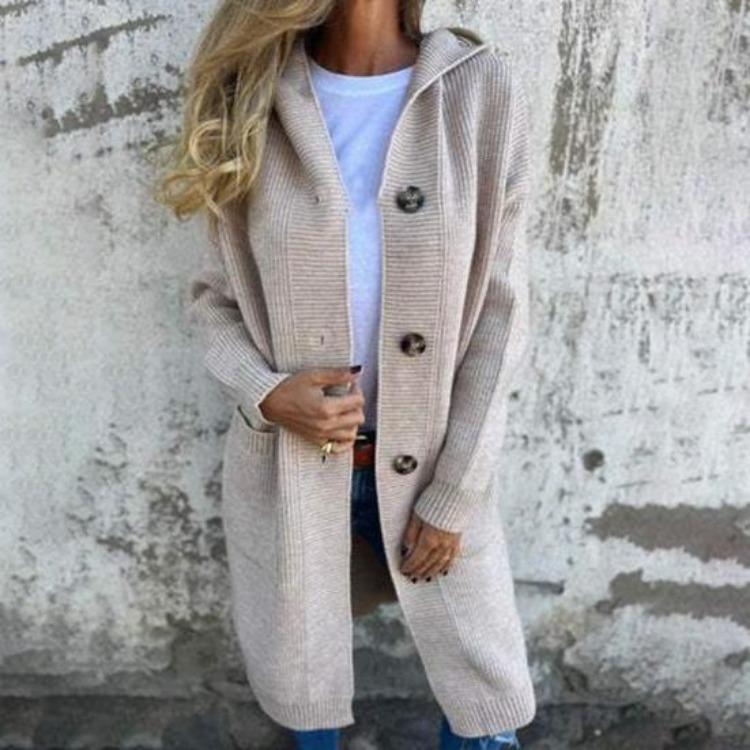 Women Knitted Cardigan Sweater Coat Long Sleeve Hooded Solid Color Mid Length with Pockets