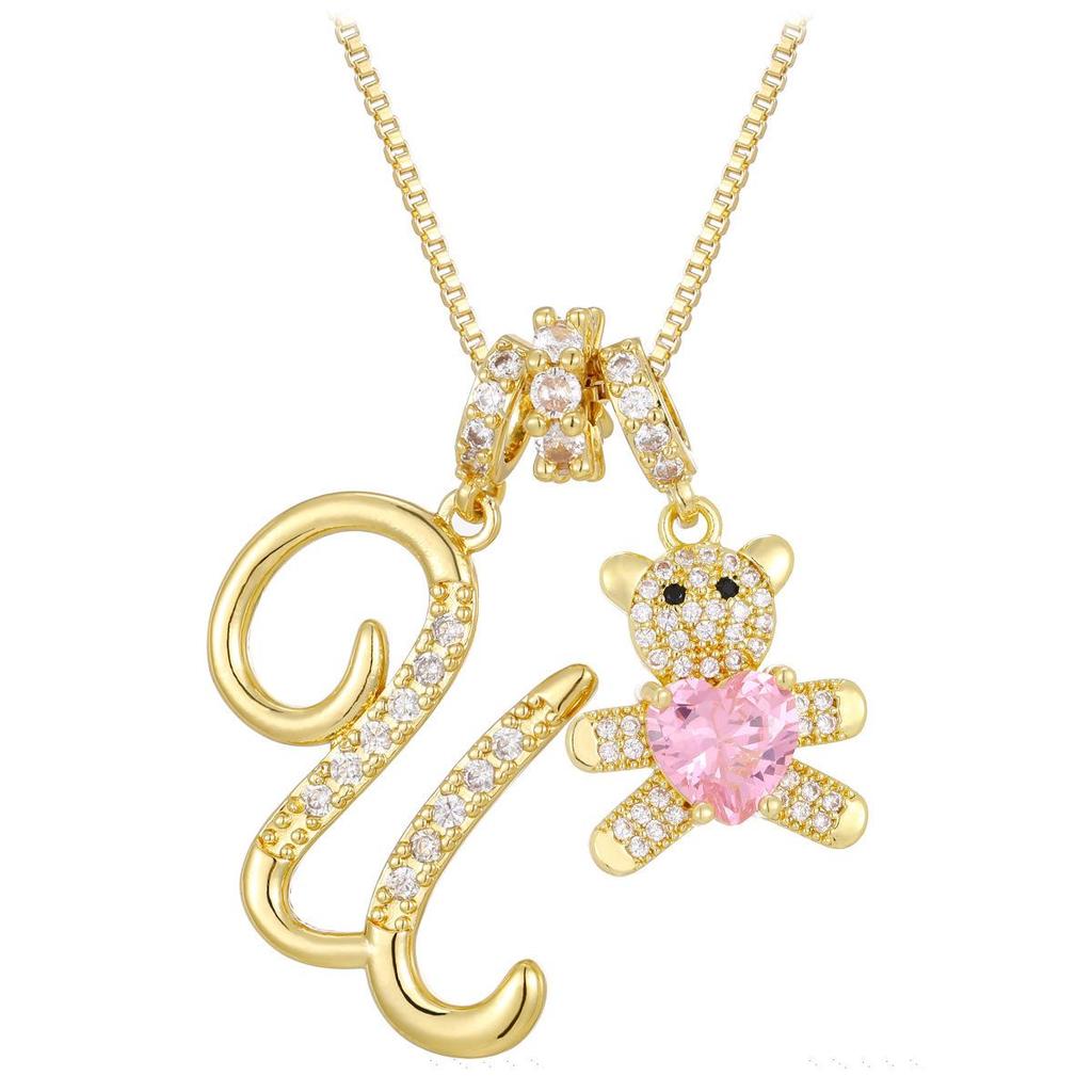 Luxurious Teddy Bear Pendant Necklace with Diamond Inlaid 26 English Letters Charm - European and American Fashion Style