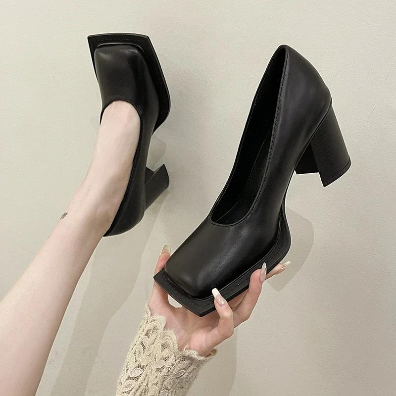 Spring Autumn Real Leather Mary Janes Shoes Women's Retro Big Square Toe Shallow Pumps Ladys Lolita Shoe