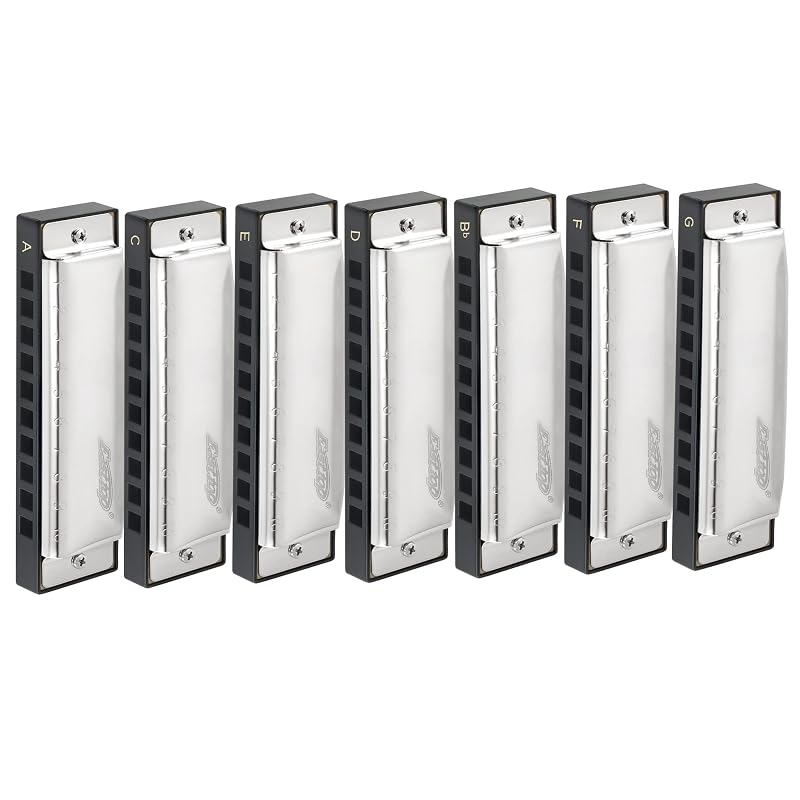 EAST TOP Harmonica Set, 7 Keys (A, Bb, C, D, E, F, G), 10-Hole Harmonica, 20 Tones, Stainless Steel Cover, ABS Case, Cleaning Cloth, Suitable for