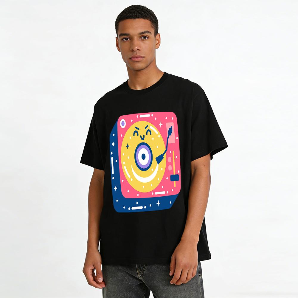 Cute Vintage Record Player Print Casual Top Unisex Loose Breathable Trendy Short Sleeve T-Shirt Pure cotton T-shirt