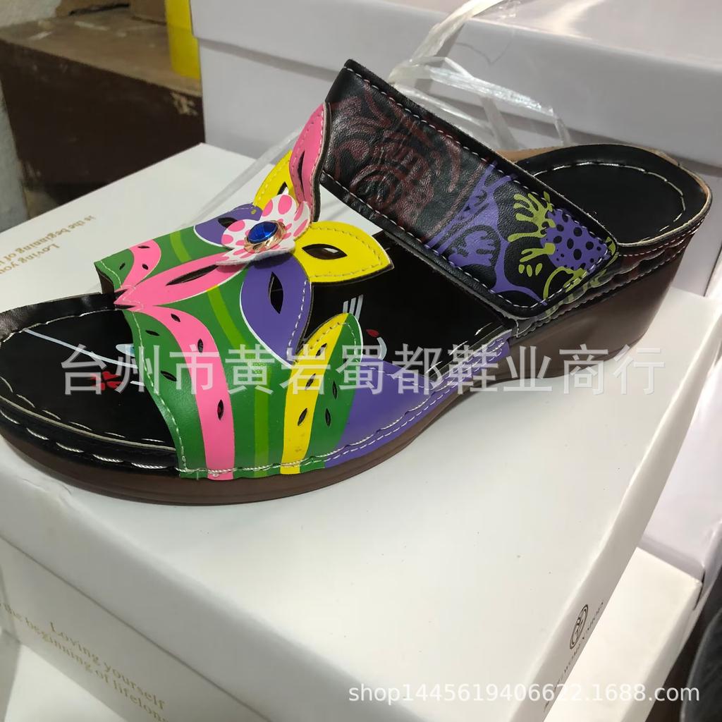 Sandale noi de exterior cu toc pană, sandale de vară pentru femei, cu totem în culori asortate, mărimi mari, papuci cu strasuri cu talpă groasă