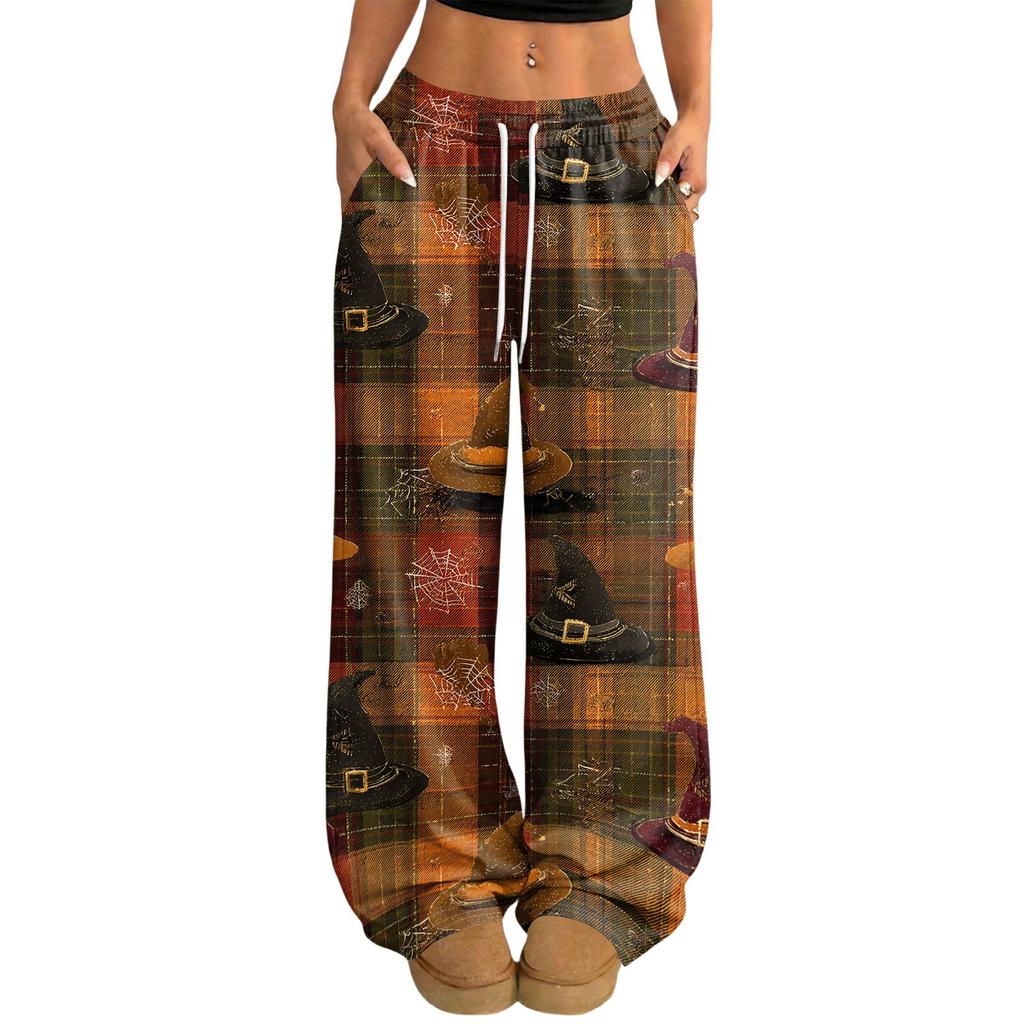 Women's Casual Halloween Print Wide Leg Pants with Elastic Waist and Drawstring for Loose Fit