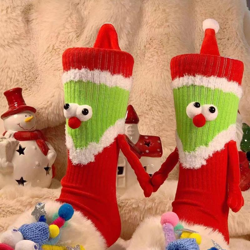 Female Autumn and Winter Cartoon Lovely Christmas Holding Hand Tube Cotton Socks
