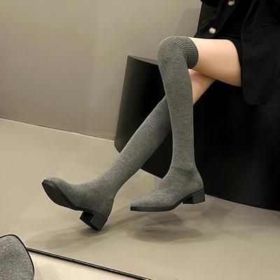 Fashion Long Tube Slimming Round Toe Thick Heel Spring and Autumn Winter Long Boots for Women Elastic Knitted Knee High Boots