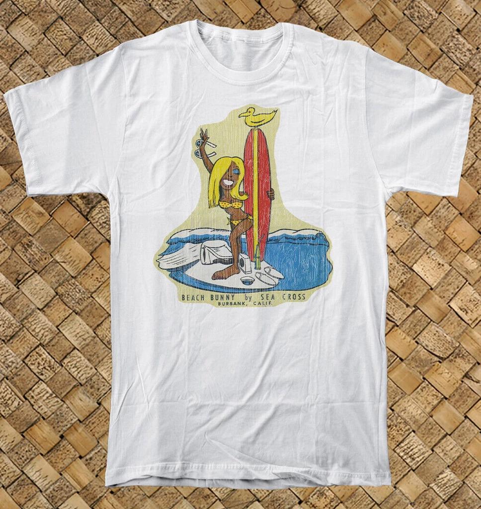Retro Surf Shop T Shirt 100% Cotton Vtg Art Beach Bunny Sea Cross Burbank CA