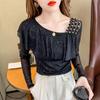 Autumn Mesh Long-Sleeve Top with Ruffles and Beaded Irregular Collar & Straps
