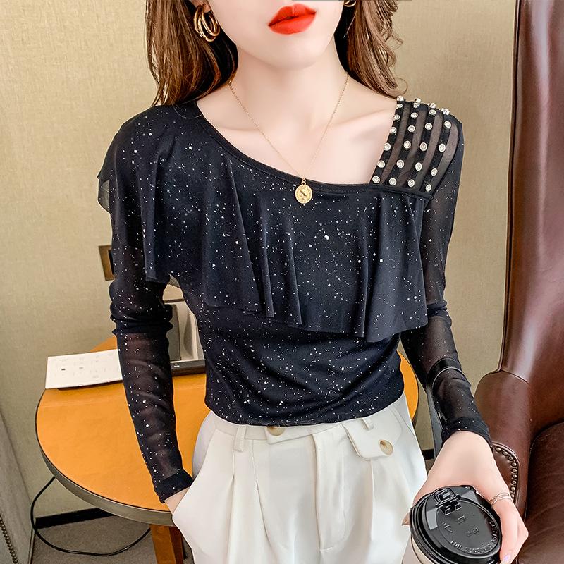 Autumn Mesh Long-Sleeve Top with Ruffles and Beaded Irregular Collar & Straps