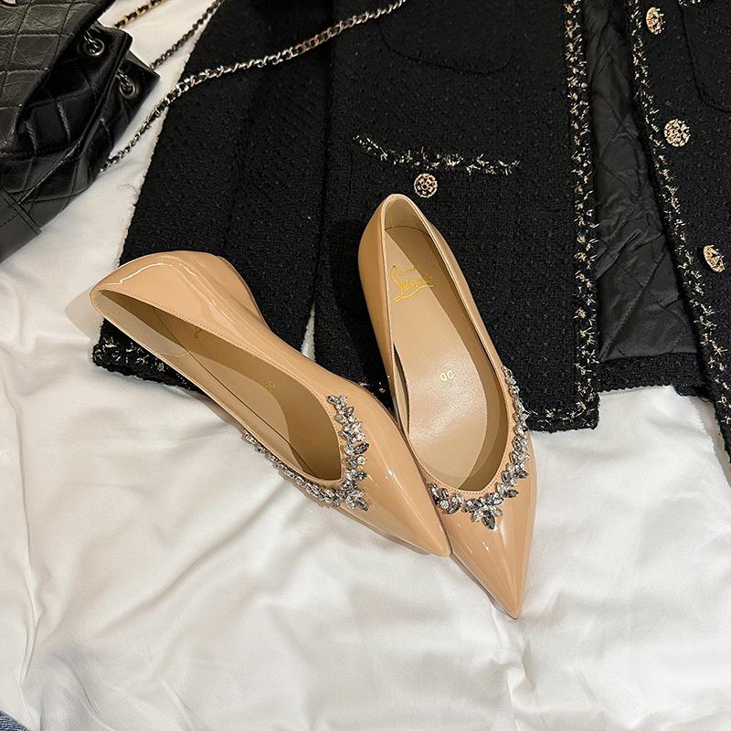 24P1 Flat Shoes Women's New Nude Fashion Versatile Pointed Rhinestones Are Not Tired of Feet Temperament Single Shoes
