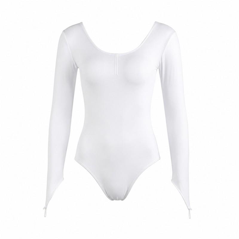 White Long Sleeve Ballet Leotard Adults Round Neck Full Body Dancewear Training Costume