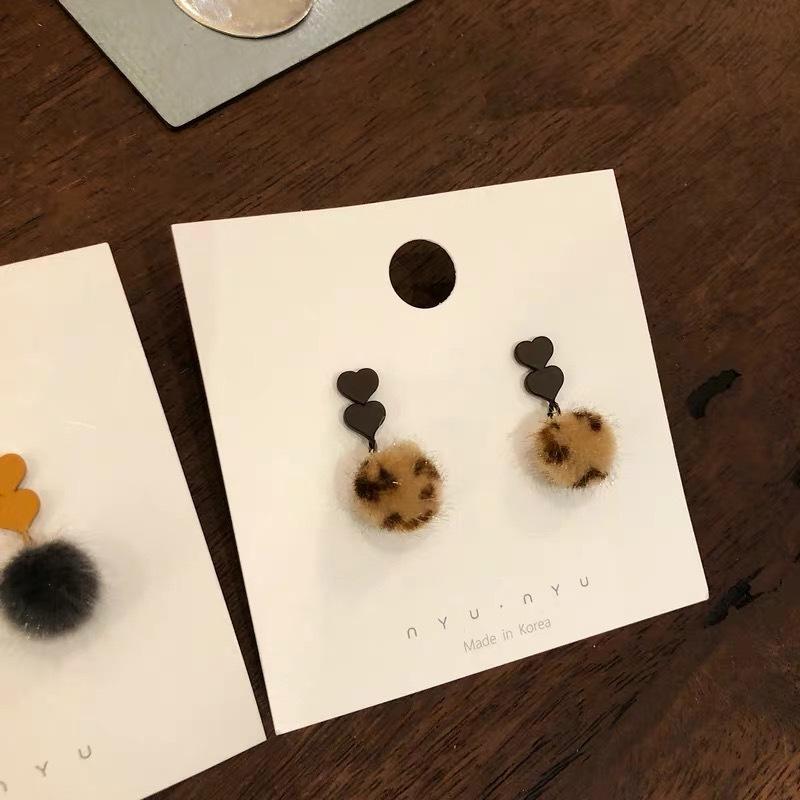 Korean Leopard Heart Plush Frosted Ball Stud Earrings for Women - Autumn/Winter Collection