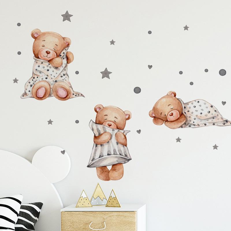 Cartoon Bear Goodnight Star Wall Stickers for Kids Room Nursery Kindergarten Home Decor Self Adhesive Removable Decals