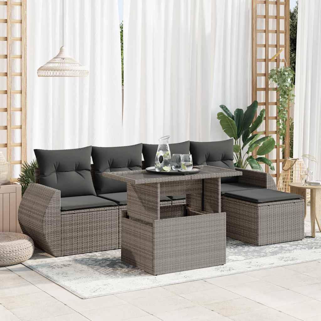 Vidaxl 6-Cz. Garden Furniture Set With Cushions, Grey, Poly Rattan
