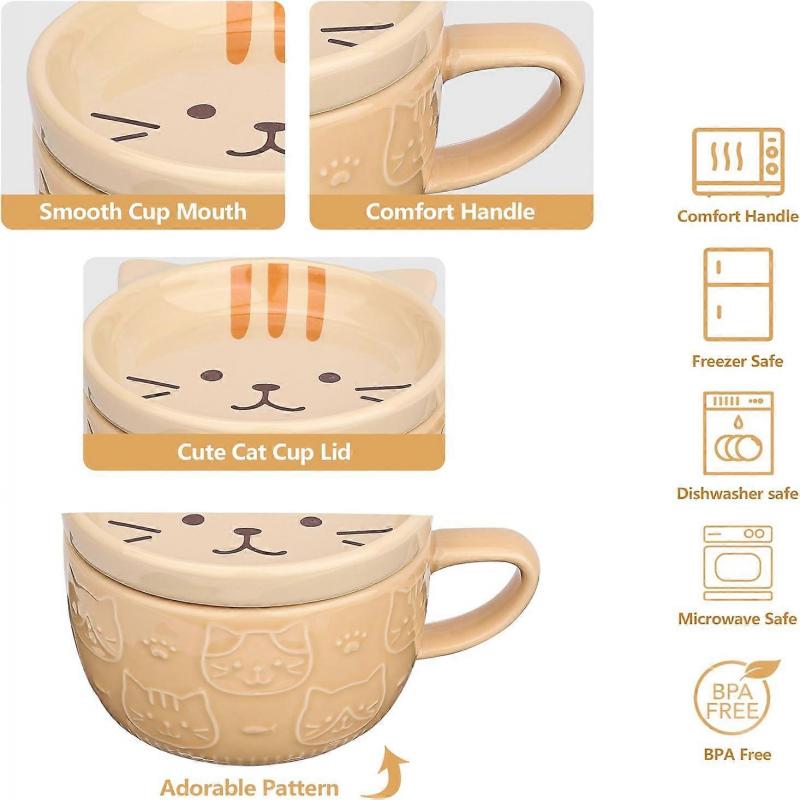300ML Cute Ceramic Cat Coffee Mug with Lid for Cat Lovers,Funny Novelty Cat Breakfast Mugs for Friends Gift