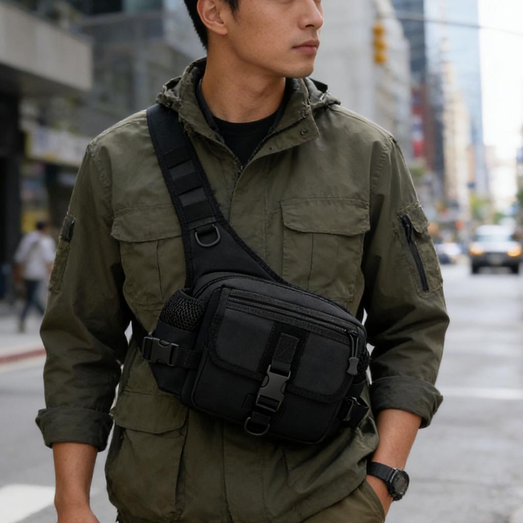 Outdoor Sling Bag for Men Nylon Water Proof Chest Shoulder Pack Sling Fishing Backpack for Hiking Camping Black