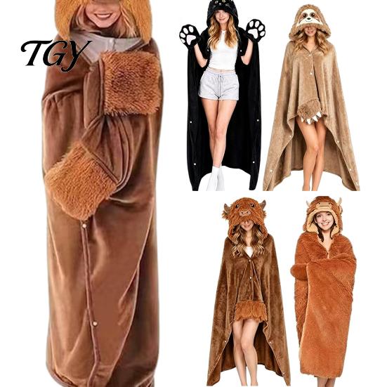 Cozy Sleep Wear Animal Wearable Blanket Hoodie, Adults Oversized Fleece Sweatshirt Comfortable Cape Sleepwear, Halloween Cosplay Costume Plush Hooded