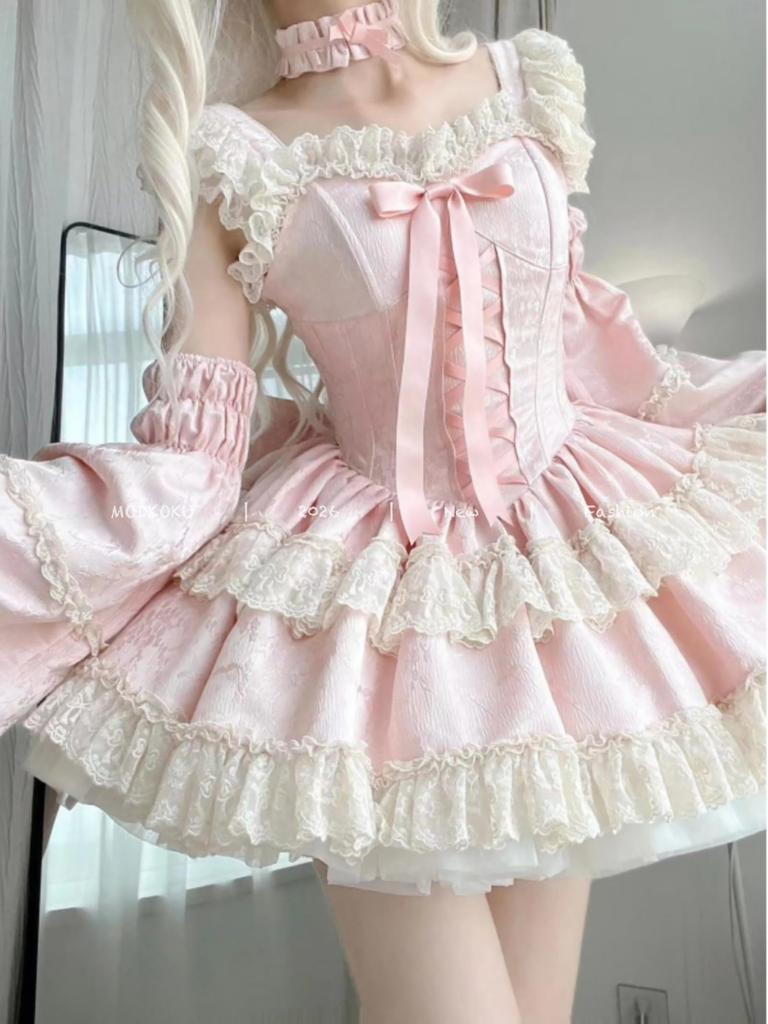 MODKOKU Lolita OP Dress with Detachable Flutter Ribbon and Lace Ruffle Mori Girl Tiered Lolita Long Size M Women's 2-Way Sleeves, Bridal-Style Lace-Up