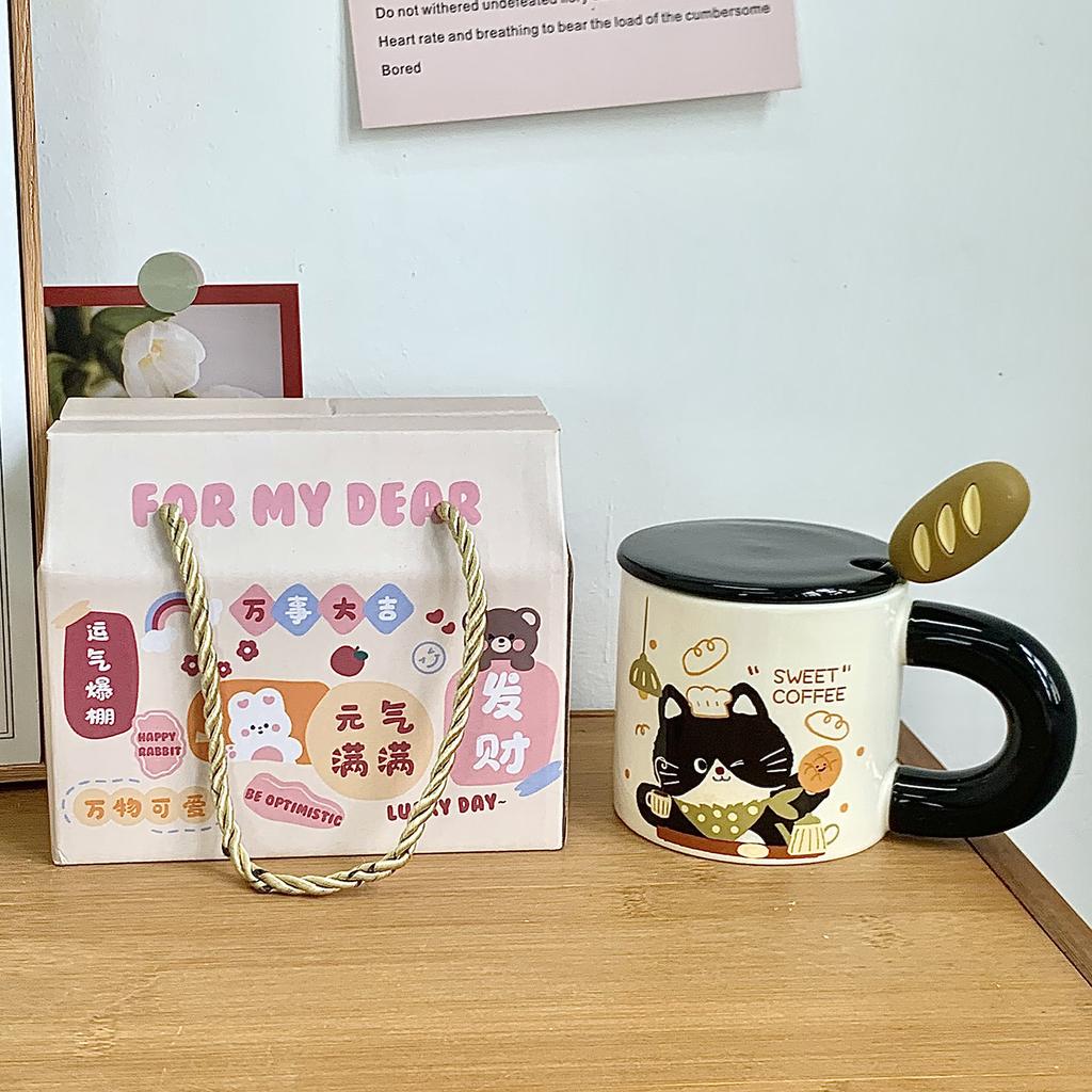 Brot Kätzchen Tasse mit Deckel Löffel Große Kapazität Keramiktasse für Mädchen Büro Wasserbecher Kaffee Frühstückstasse Männer