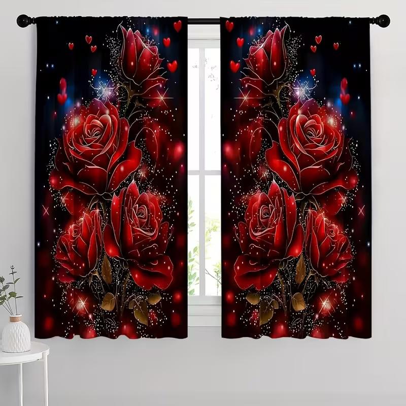 Set Of 2 Retro Heart Shaped Rose Print Curtains Suitable Bedroom Living Room Kitchen Decoration Home Window Curtain Polyester Perfect For Great