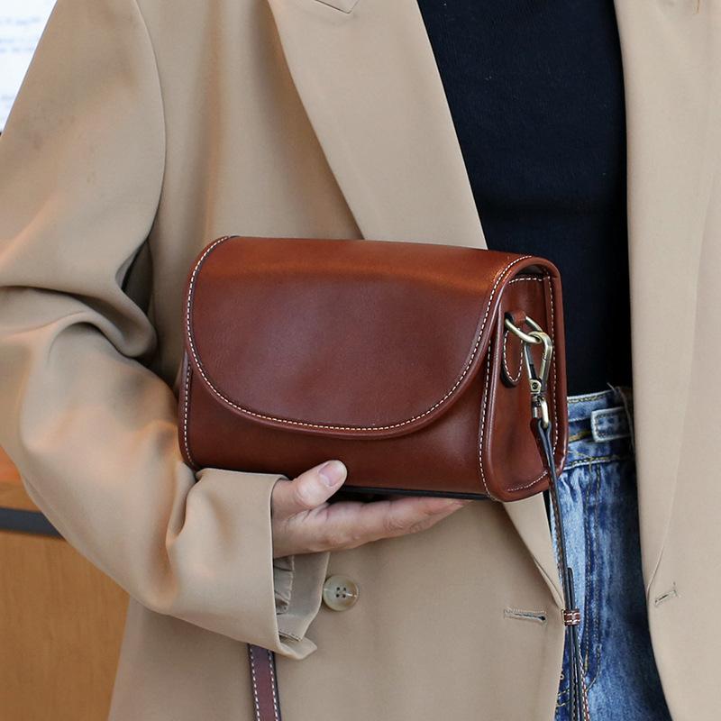 New Retro Genuine Leather Women's Bag, Top Layer Vegetable Tanned Cowhide Shoulder Bag, Fashionable and Versatile Crossbody Bag